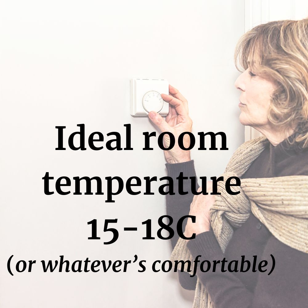 woman adjusting thermostat with text overlay