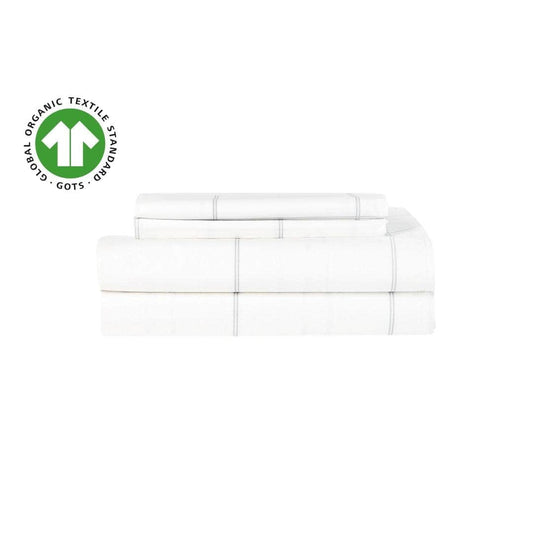Organic Essential Percale cotton sheet set with GOTS and OEKO-TEX certification for cool, breathable comfort