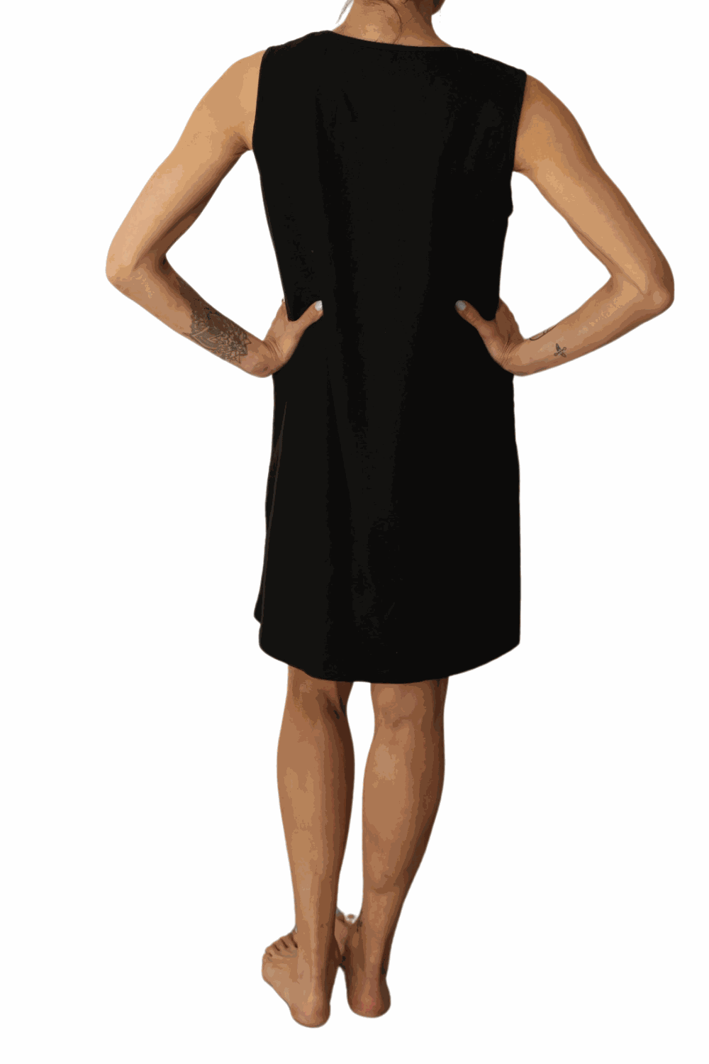Moisture-wicking dress for night sweats, black, back view, size small/medium