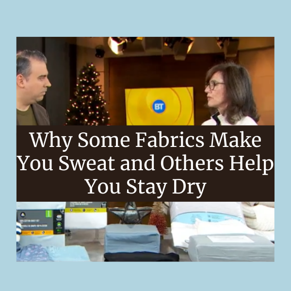 Two people in a studio setting with text overlay about fabric properties.