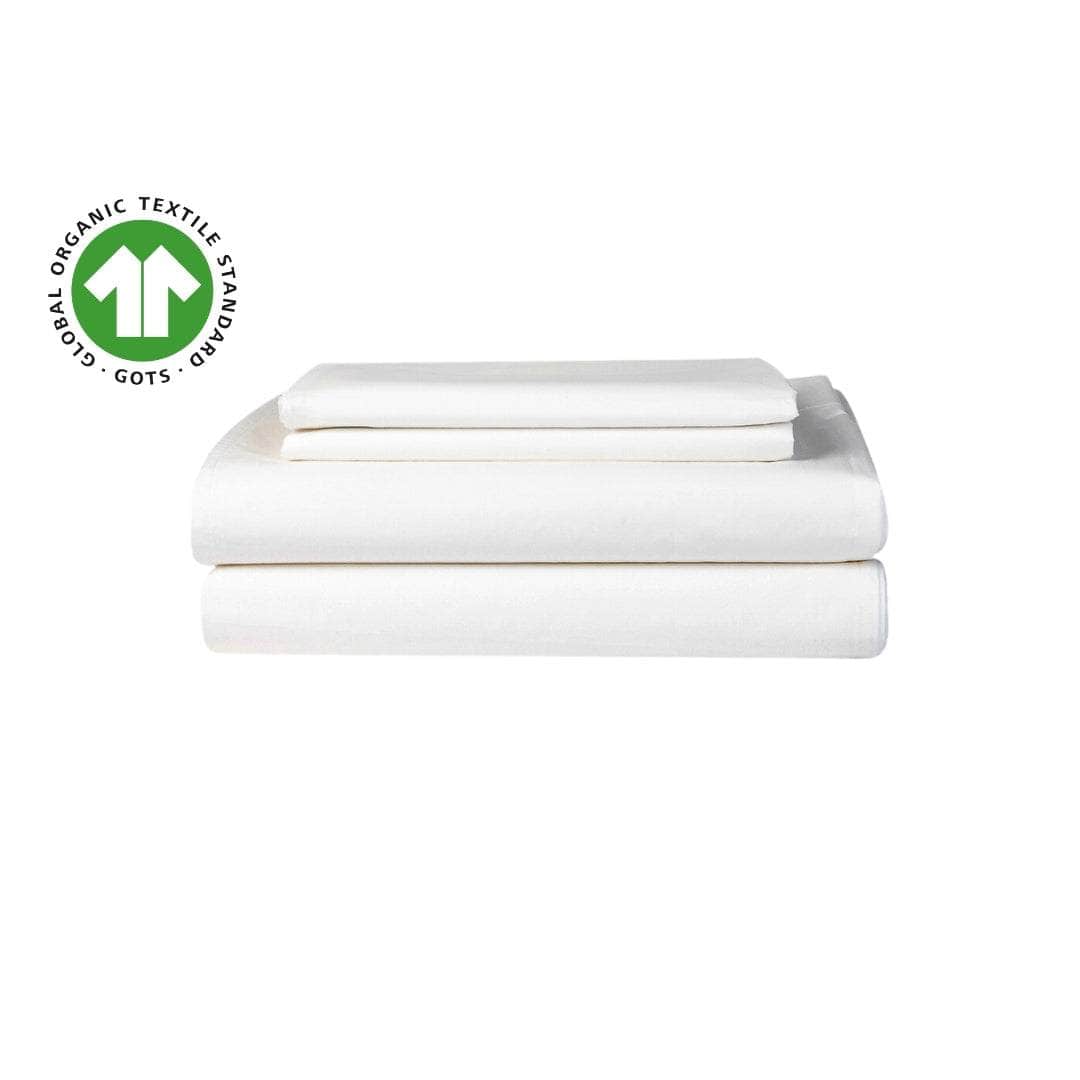 White bed sheets with a Global Organic Textile Standards (GOTS) logo on a white background