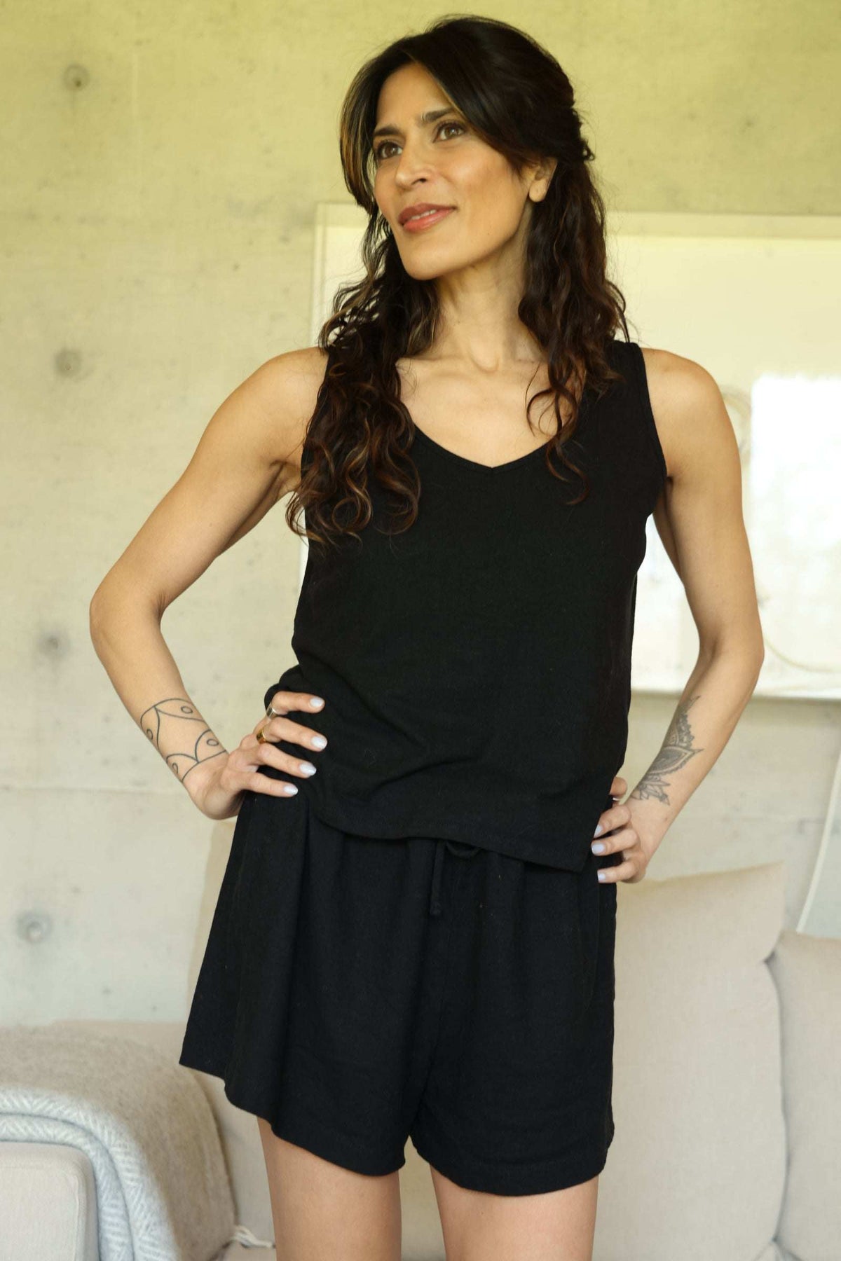 Moisture-wicking pajamas for night sweats, featuring a tank and shorts.